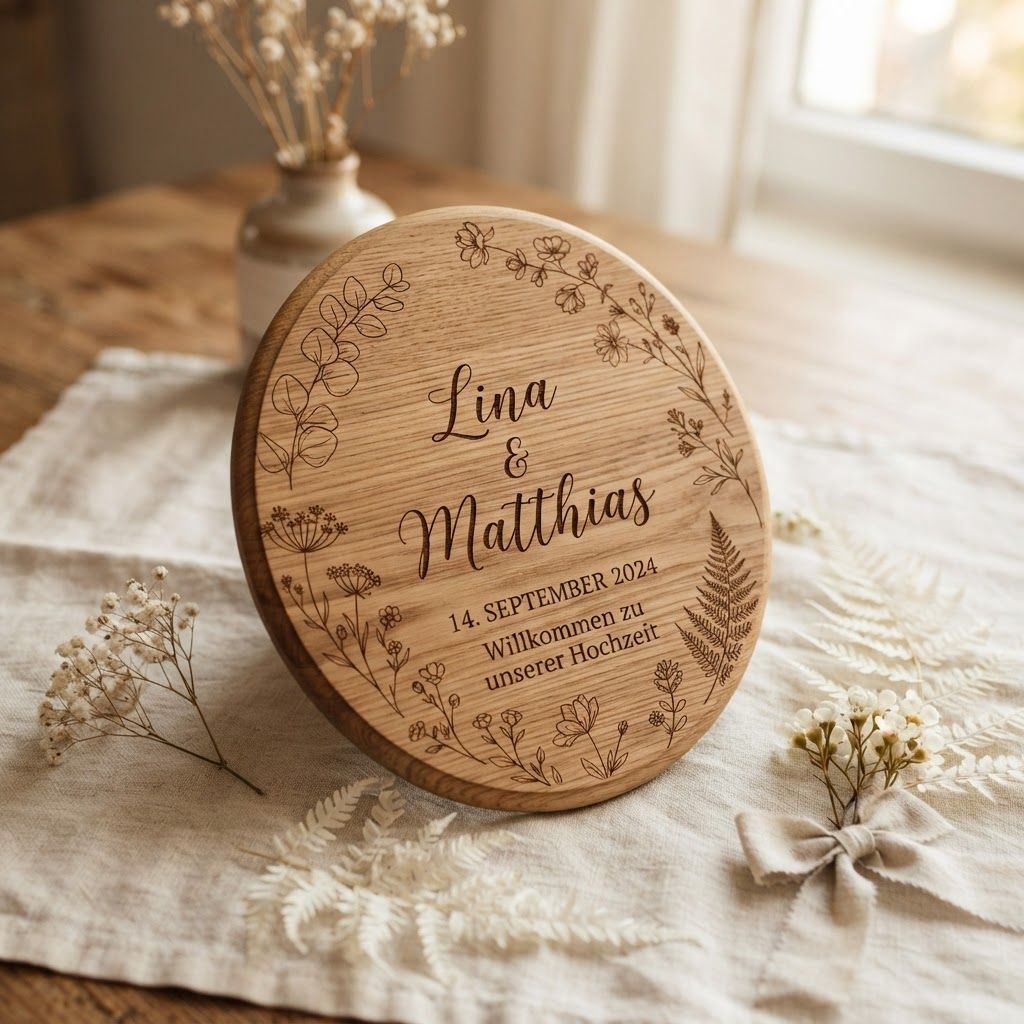 Personalisiertes Hochzeitsschild aus graviertem Holz
